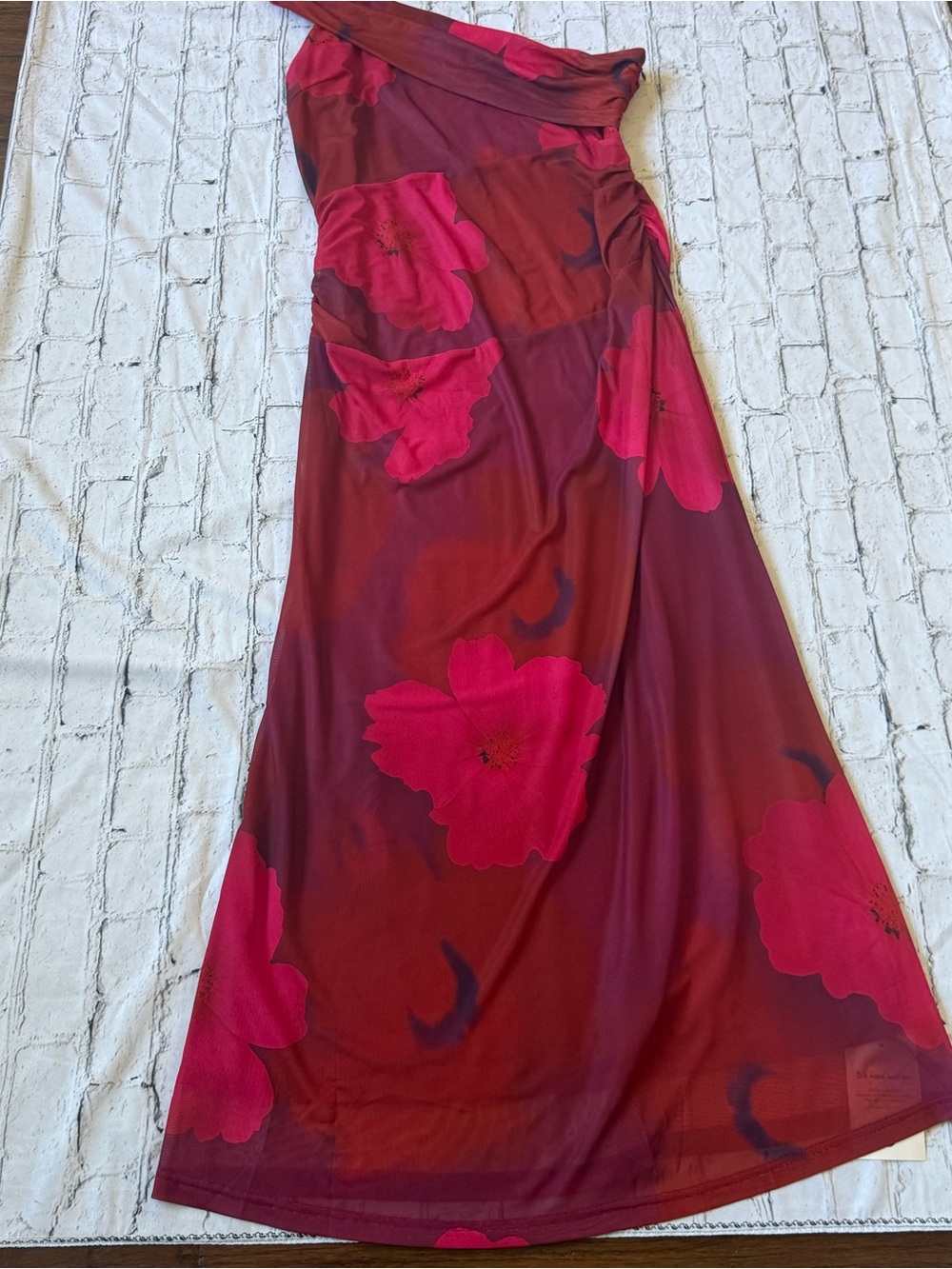 One-Shoulder Red Floral Maxi Dress